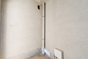 Russia, Moscow- April 17, 2020: interior room apartment rough repair for self-finishing. interior decoration, bare walls of the premises, stage of construction