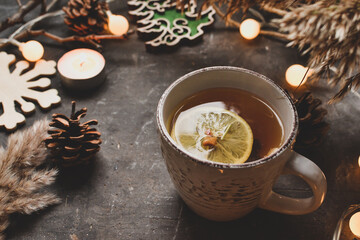 Winter festive food concept. Top view of vintage tea cup. Christmas and New Year background. Winter mood.