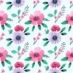 Poster Seamless Watercolor Pattern with Cute Pink Flower and Blue Background © anjaartstudio