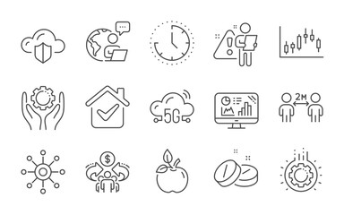 Employee hand, Multichannel and Analytics graph line icons set. Candlestick graph, Eco food and Social distancing signs. Medical tablet, Sharing economy and Time symbols. Line icons set. Vector