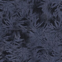 Seamless patterned denim jean for print. High quality illustration. Grungy trendy street wear design. Real detailed denim texture with digital floral pattern overlay. Navy blue deep dark colors.