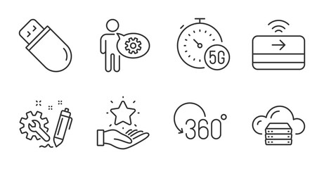 Usb stick, Contactless payment and 5g internet line icons set. Full rotation, Loyalty program and Engineering signs. Cogwheel, Cloud server symbols. Quality line icons. Usb stick badge. Vector