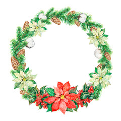 Christmas wreath with fir branches and poinsettia flowers watercolor illustration New Year, for holiday cards