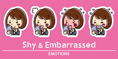 スマホと女性の表情セット / 照れる / 恥ずかしい