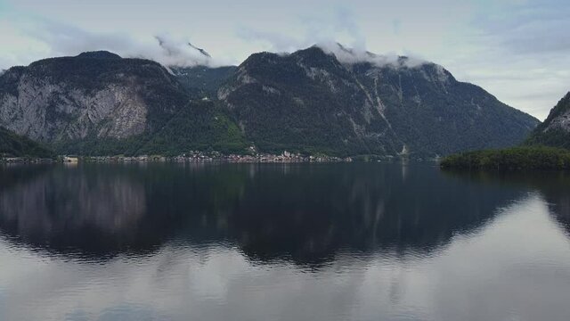 Breathtaking aerial view of Hallstatt See in Austria. Mountains in the background.