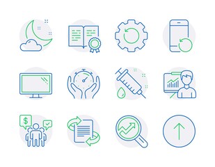 Science icons set. Included icon as Medical syringe, Night weather, Marketing signs. Recovery gear, Teamwork, Certificate symbols. Analytics, Presentation, Monitor. Timer, Recovery phone. Vector