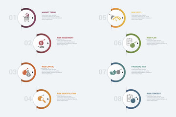 Infographic Risk Management template. Icons in different colors. Include Market Trend, Risk Investment, Capital, Identification and others.