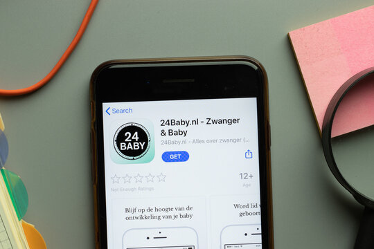 New York, USA - 26 October 2020: 24baby 24baby.nl Zwanger and Baby mobile app logo on phone screen close up, Illustrative Editorial