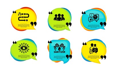 Journey path, Artificial intelligence and Time management icons simple set. Speech bubble with quotes. Group, Hand sanitizer and Communication signs. Vector