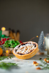 christmas cake sweet pastry biscuit cookie home baked dessert festive table setting holidays party new year gift tasty serving size portion top view copy space food background rustic