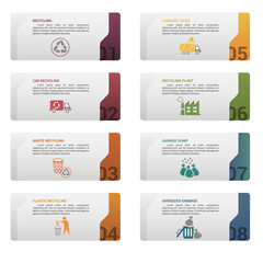 Infographic Recycling template. Icons in different colors. Include Recycling, Trash Container, Burnable Trash, Oversized Garbage and others.