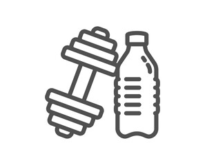 Dumbbell with water bottle line icon. Workout equipment sign. Gym fit symbol. Quality design element. Linear style dumbbell icon. Editable stroke. Vector