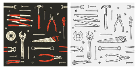 Repair household tools seamless pattern set. Sketch doodle style.