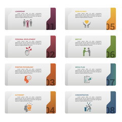 Infographic Business Management template. Icons in different colors. Include Leadership, Personal Development, Positive Psychology, Autonomy and others.