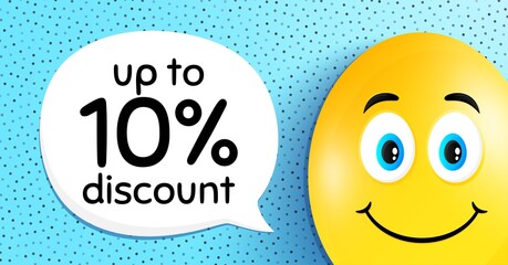 Up to 10% Discount. Easter egg with smile face. Sale offer price sign. Special offer symbol. Save 10 percentages. Easter smile character. Discount tag speech bubble. Yellow egg background. Vector