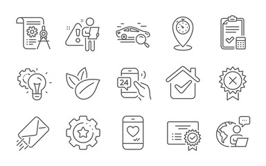 Timer, Accounting checklist and Certificate line icons set. E-mail, Reject medal and Love chat signs. Organic product, 24h service and Search car symbols. Line icons set. Vector