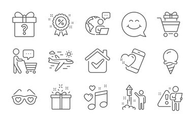 Love glasses, Buyer think and Discount line icons set. Shopping trolley, Ice cream and Fireworks signs. Smile face, Love music and Heart symbols. Line icons set. Vector