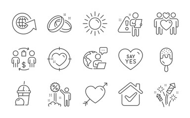 Fireworks rocket, Ice cream milkshake and Heart target line icons set. Love, Buying process and Sun signs. Wedding rings, Love couple and World globe symbols. Say yes, Discount and Ice cream. Vector