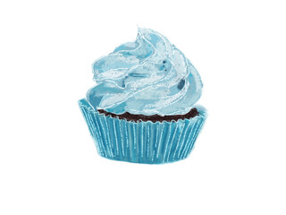 Blue cupcake with icing hand-sketched chalk colour brown cake yummy dessert on white background