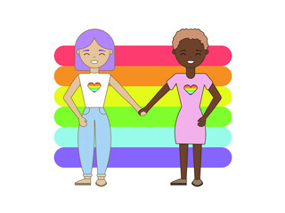 Two girls in love and happy on a rainbow background. The lgbt theme. Vector image in eps format.