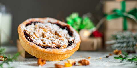 christmas cake sweet pastry biscuit cookie home baked dessert festive table setting holidays party new year gift tasty serving size portion top view copy space food background rustic