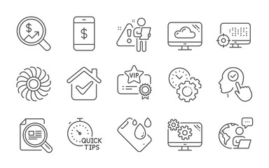 Currency audit, Fan engine and Settings line icons set. Check article, Time management and Cloud storage signs. Select user, Smartphone waterproof and Seo symbols. Line icons set. Vector