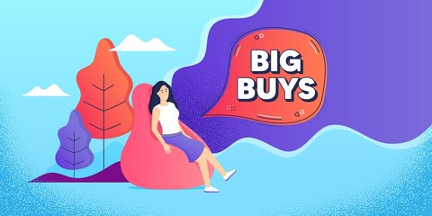 Big buys. Woman relaxing in bean bag. Special offer price sign. Advertising discounts symbol. Freelance employee sitting in beanbag. Big buys chat bubble. Vector
