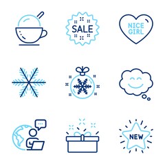 Holidays icons set. Included icon as New star, Present box, Ice cream signs. Smile chat, Sale, Nice girl symbols. Snowflake, Christmas ball line icons. Shopping, Sale offer. Line icons set. Vector