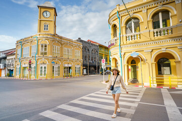 Travelers on street Phuket old town with Building Sino Portuguese architecture at Phuket Old Town...