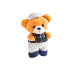 Soft toy-a brown bear in a gray cap and pants, a checkered t-shirt. Isolate on a white background. children's toy. space for text