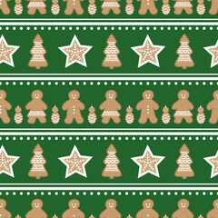 Vector gingerbread figures in a geometric composition repeat pattern backcground