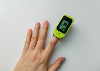 Human hand with a pulse oximeter on the index finger on a white background