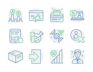Technology icons set. Included icon as Chemistry lab, Internet report, Login signs. Chemistry dna, Seo marketing, Office box symbols. Loyalty card, User, Online loan. 5g wifi, Ab testing. Vector