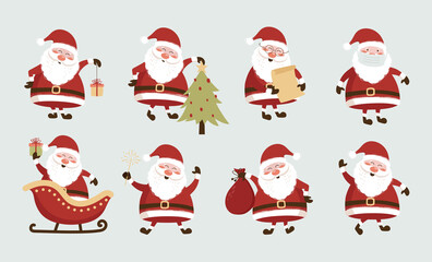 Collection of Christmas Santa Claus. Funny Santa Claus different character. Happy Santa Claus cartoon character. Vector illustrations