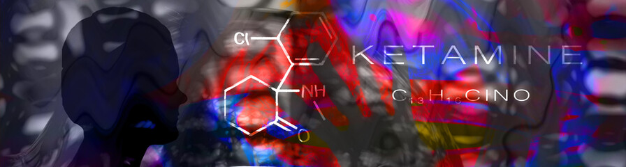 Ketamine. Dissociative ketamine. Chemical formula, molecular structure. Ilustration background for your desigen.	