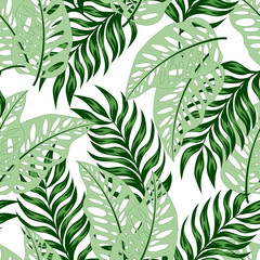 Abstract seamless tropical pattern with bright plants and leaves on a white background. Modern abstract design for fabric, paper, interior decor. Summer colorful hawaiian seamless pattern.