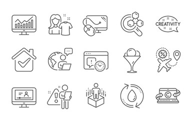 Fototapeta na wymiar Flight sale, Project deadline and Statistics line icons set. Ice cream, Computer mouse and Online video signs. Refill water, Clean shirt and Augmented reality symbols. Line icons set. Vector