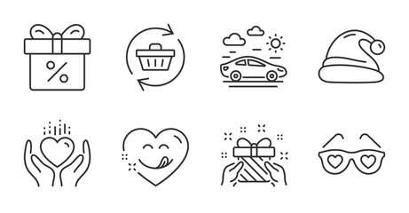 Yummy smile, Discount offer and Gift line icons set. Santa hat, Love glasses and Car travel signs. Hold heart, Refresh cart symbols. Comic heart, Gift box, Present. Holidays set. Vector
