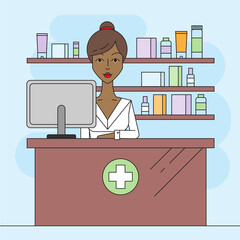Black woman pharmacist in pharmacy. Trendy vector illustration, flat style. Modern concept for a landing page or web banner.