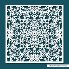 Square panel with delicate lace pattern. Floral oriental ornament of leaves, curls. Template for plotter laser cutting of paper, cardboard, plywood, wood carving, metal engraving, cnc. Vector image.