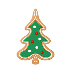 Gingerbread Christmas tree isolated on white background. Vector illustration of festive cookies decorated with multicolored sugar icing. Cartoon flat style.