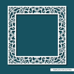 Square frame for photos, pictures, mirrors. Openwork lace pattern, oriental floral ornament of leaves, curls. Template for plotter laser cutting (cnc) of paper, cardboard, plywood, wood carving, metal