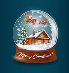 Glass ball with snow, Santa sledding,wooden house and tree inside.