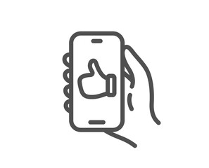 Like app line icon. Hand hold phone sign. Cellphone with screen notification symbol. Quality design element. Linear style like app icon. Editable stroke. Vector