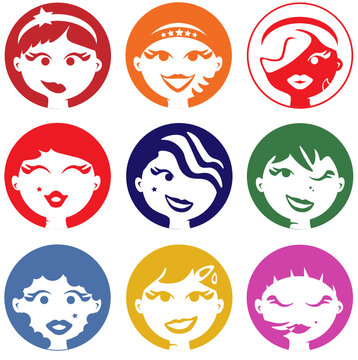 Women, Girls, Superhero Avatar Bundle Set. Businesswomen Face Icons, Character Pic To Represent Online User In Social Net. Vector Flat Style.