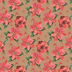 Fotobehang seamless floral pattern with poinsettia and amaryllis illustration and watercolor sketch. For interior, textile, clothes, scrapbooking, wrapping paper and other designs © Юлия Свалова