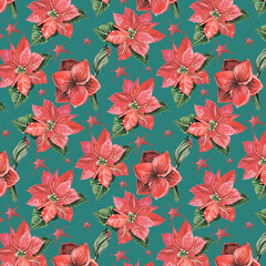 Seamless pattern with red flowers on green background. Christmas illustration, hand painted watercolor. Ideal for wrapping paper, interior textile design. 