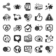 Social media icons. Set - Share network, Social links and Rating icons. Heart, Feedback smile emotion and internet media. Share network, like icon, video content rating and dislike. Vector