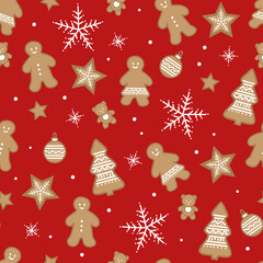 Vector christmas gingerbread cookies repeat pattern backcground