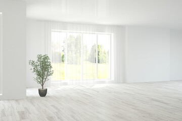 White empty room with summer landscape in window. Scandinavian interior design. 3D illustration